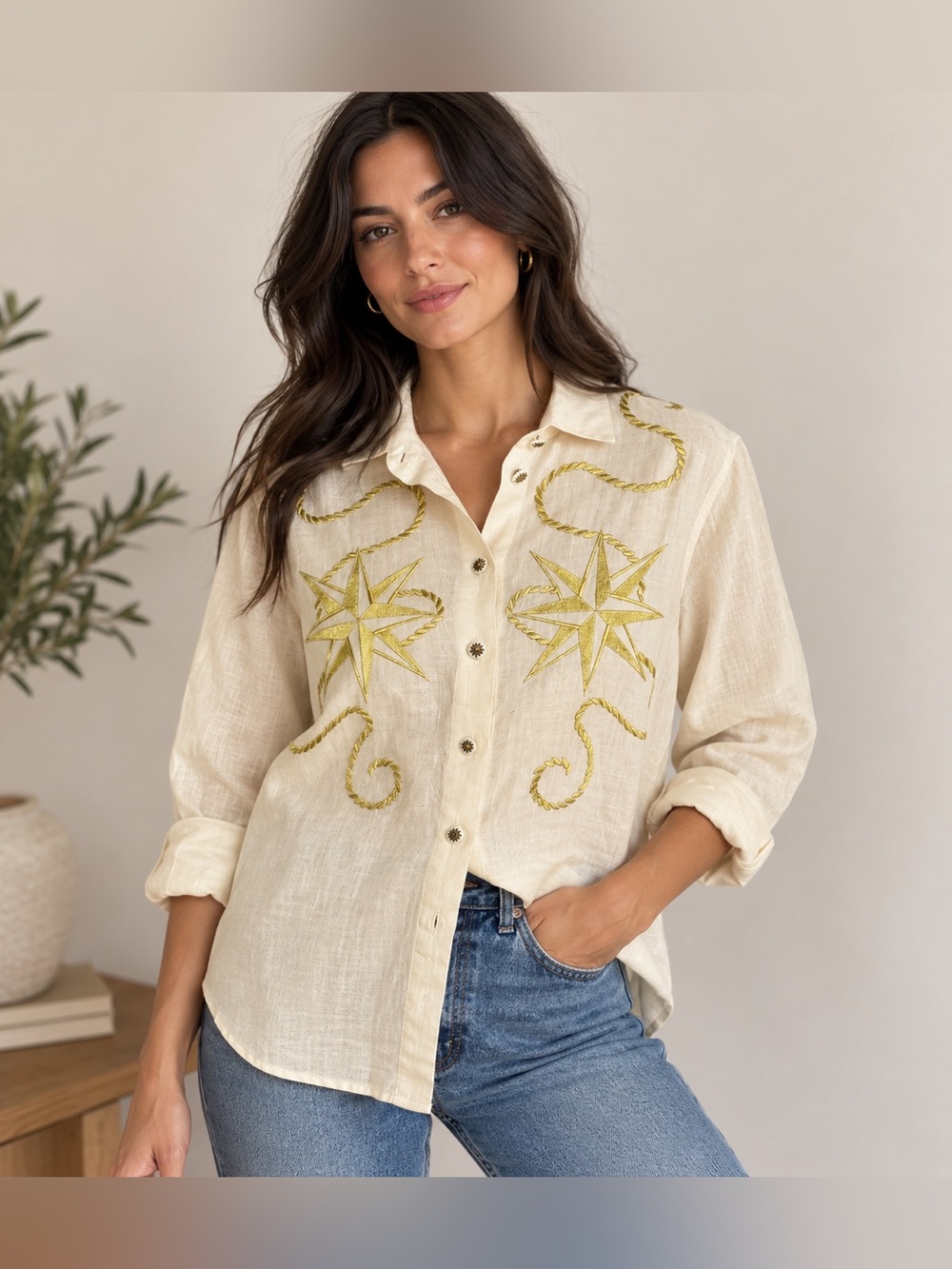 ⭐ Brett Harrison 100% Linen Embroidered Western Button Down Shirt Size M ⭐